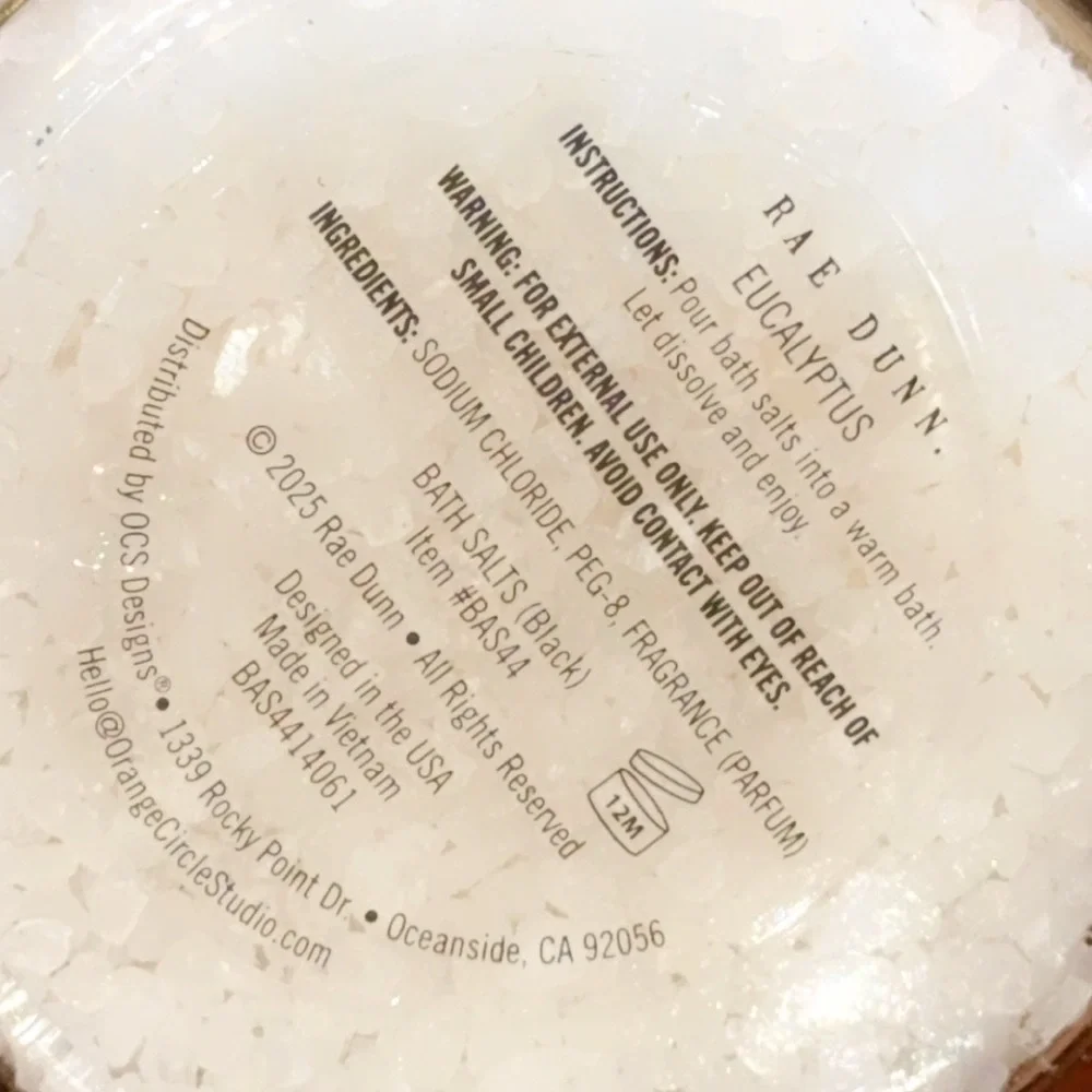 NWT Rae Dunn 2025 Eucalyptus Scented Bath Salts Glass Jar w/wooden scoop 23.9oz
